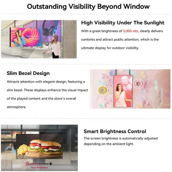 43" Single-Sided 2500nits High Bright Window LCD Digital Signage, Android RK3568 2G+32G, Non-Touch, Cloud/APP/USB, Wall-Mount/Floor Stand/Suspended Installation