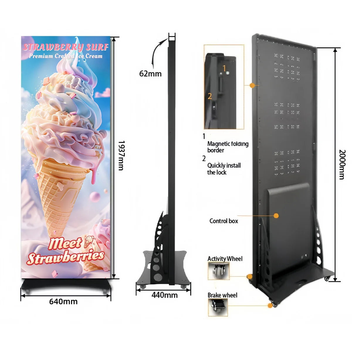 BP-GOB Series LED Poster Sign | 640×1920mm Indoor Plug-in | P2.5 / P1.86 / P1.53 / P1.25 | Flip-Open Magnetic Frame & GOB Surface