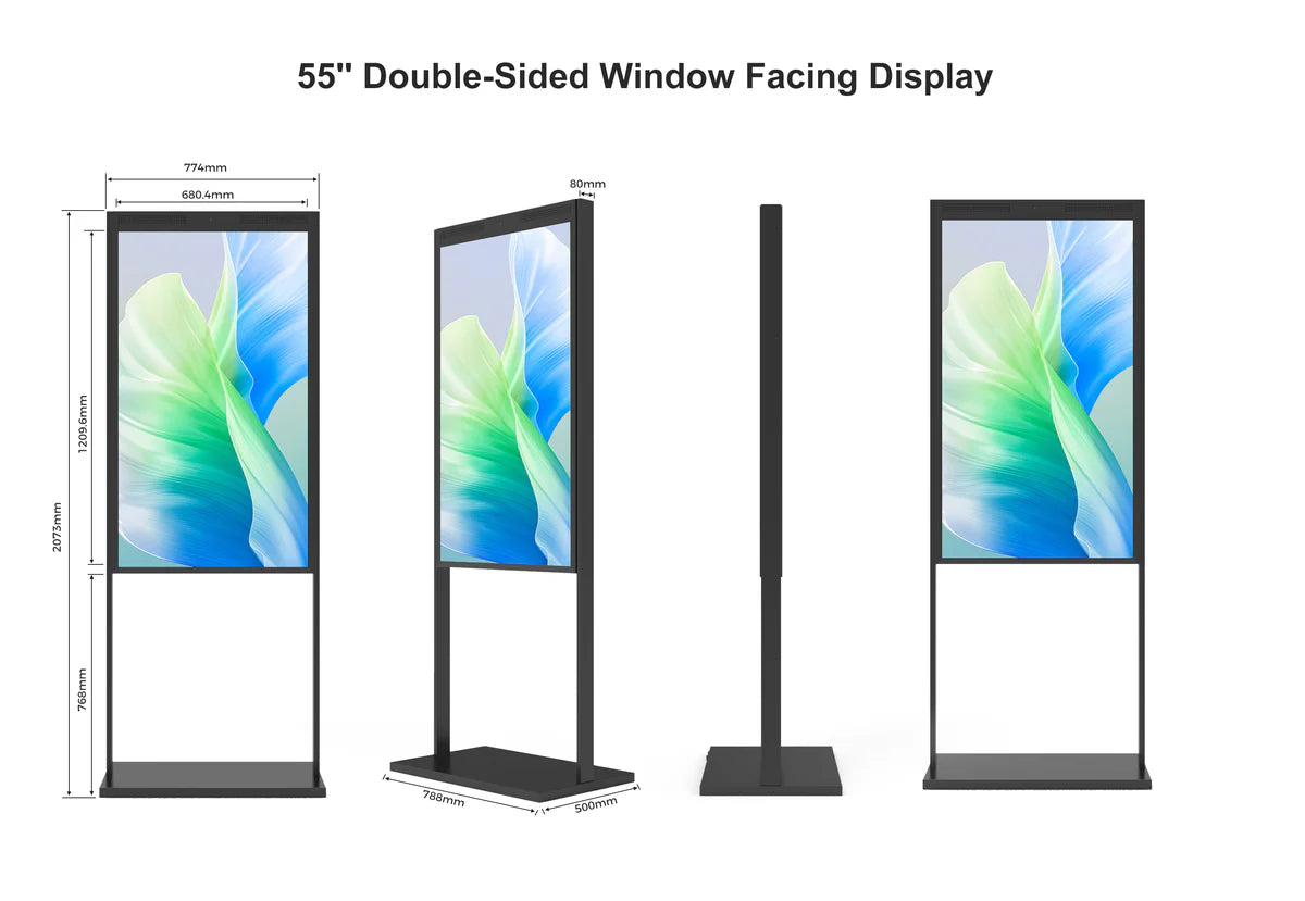 55" Double-Sided High Bright LCD Window Display, 2500nits Front + 700nits Back, Android 2+32G, Non-Touch, Cloud/APP/USB, Hanging/Floor Stand