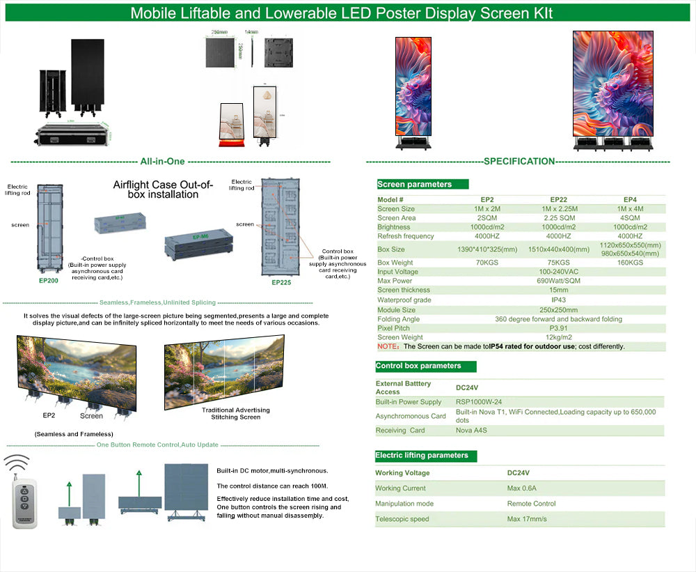 BP-M Series Foldable LED Standee | 1×2.25m All-in-One Rolling Case | P3.9mm Indoor | Remote Liftable LED Display Kit