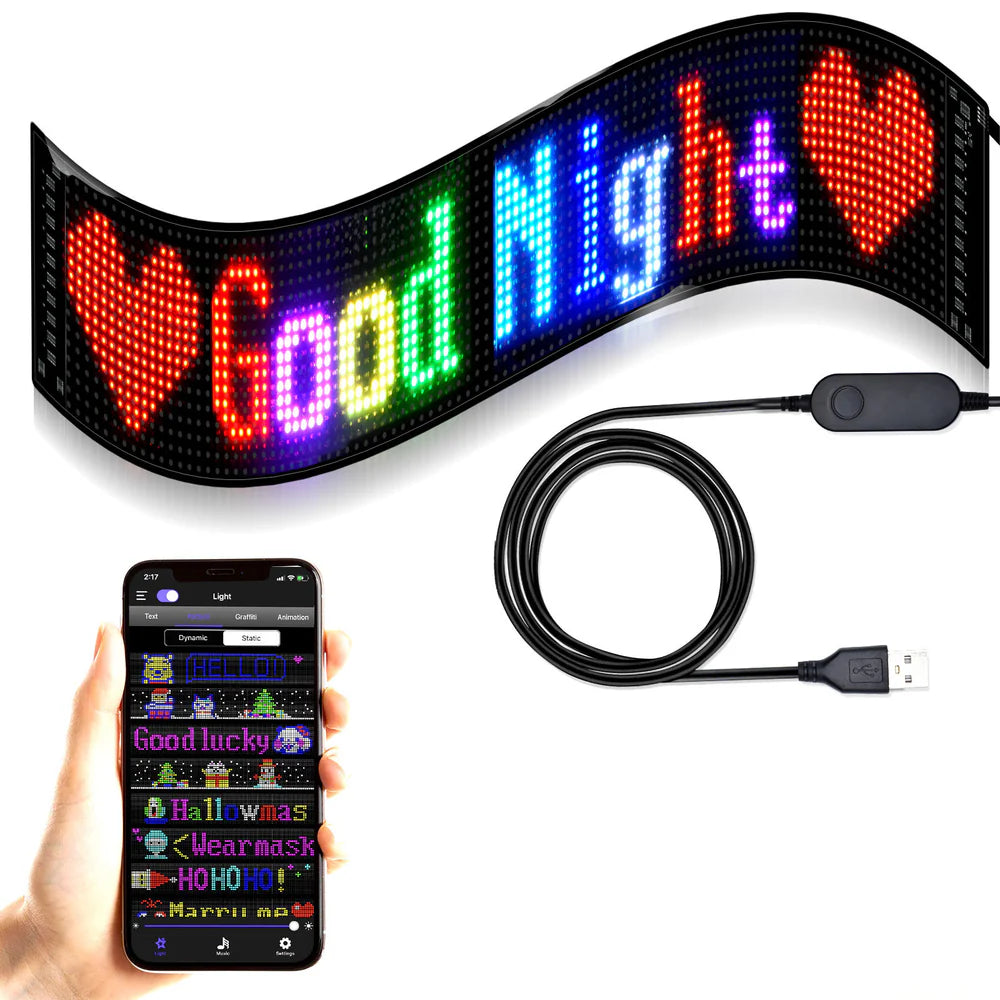 Model 1696 Small Flexible USB 5V Car LED Sign Bluetooth App Control Display Screen Text Pattern Animation LED sign display for Car Windows, Shop, Bar and Entrance Sign