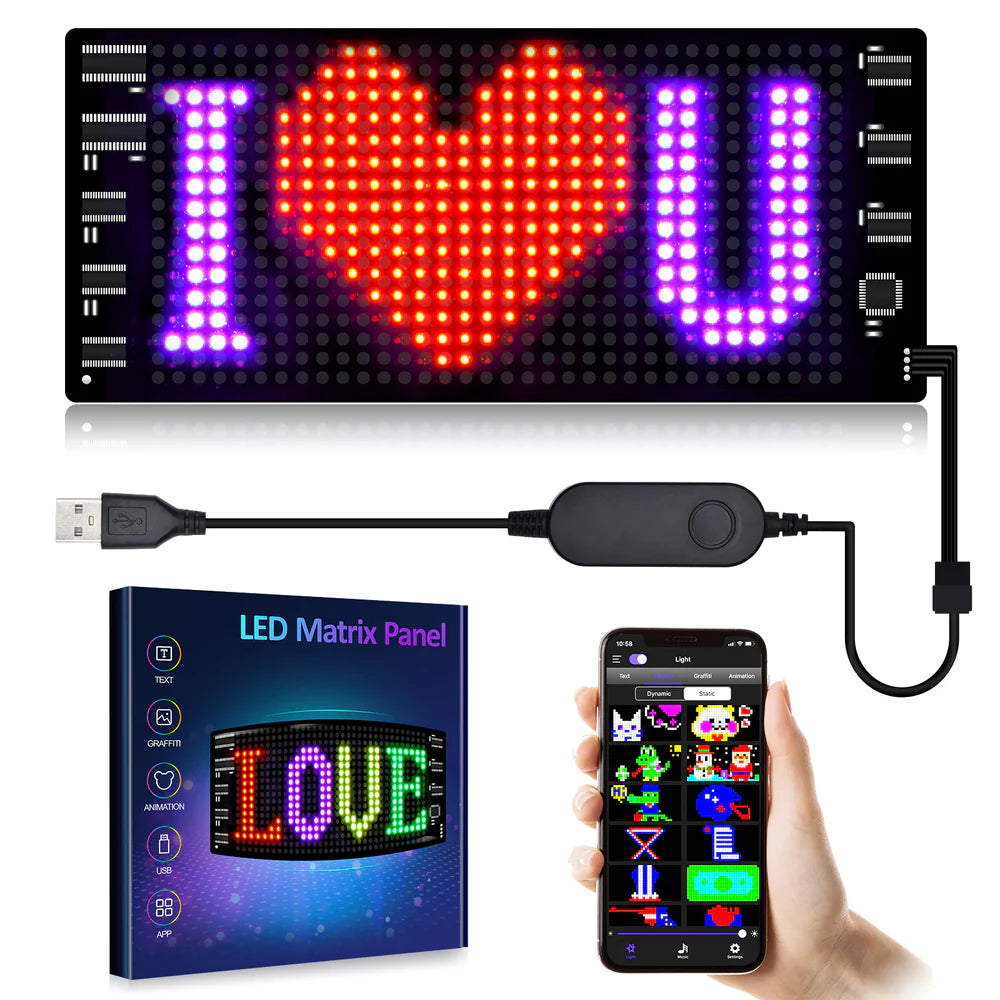 Model 1632 Flexible USB 5V Car LED Sign Bluetooth App Control Display Screen Text Pattern Animation LED sign display for Car Windows, Shop, Bar and Entrance Sign