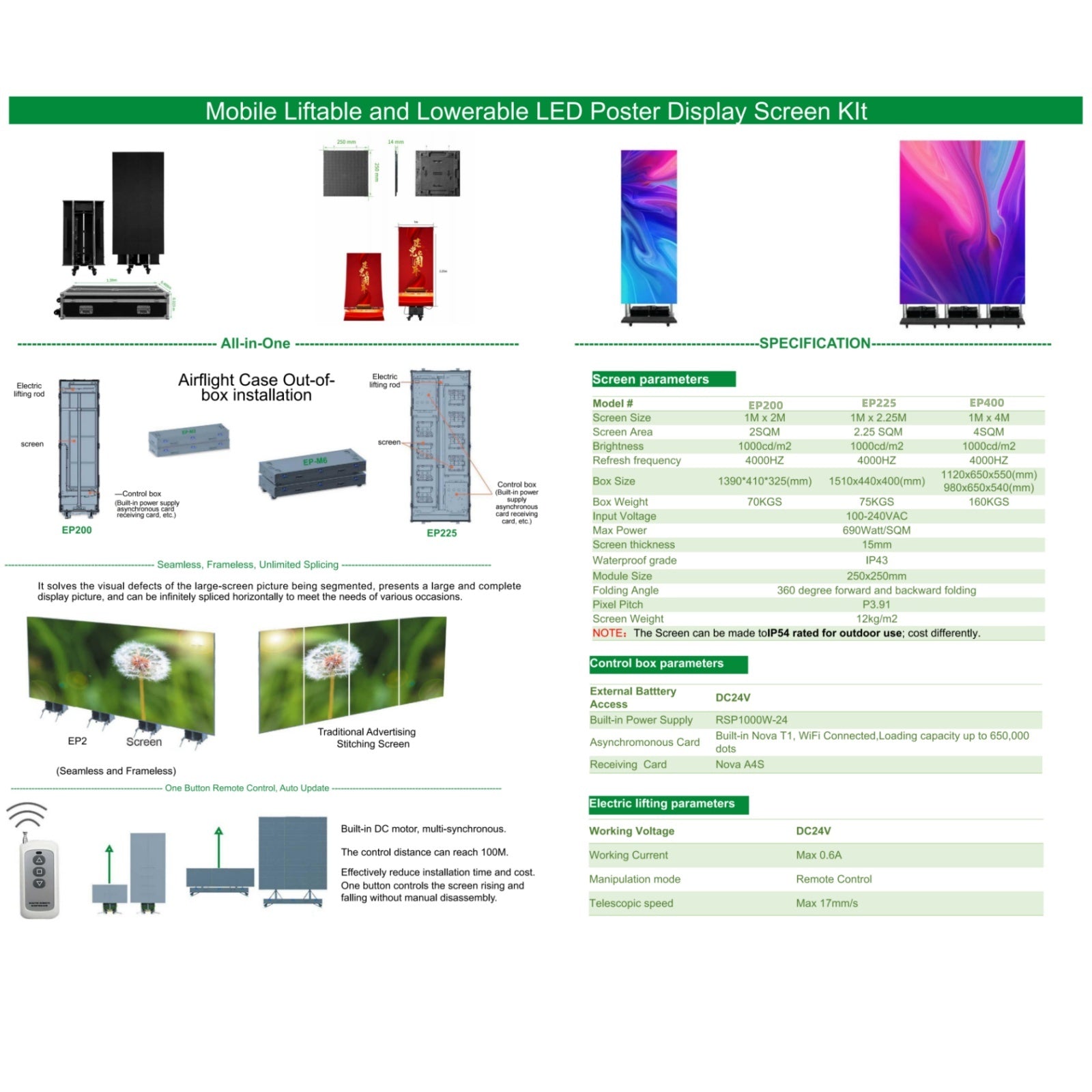 EP225 (1Mx2.25M) 2.25SQM Foldable LED Poster Kit Indoor P3.91 Mobile LED Poster Remote Controlled LED Display Screen in Moveable Airflight Case