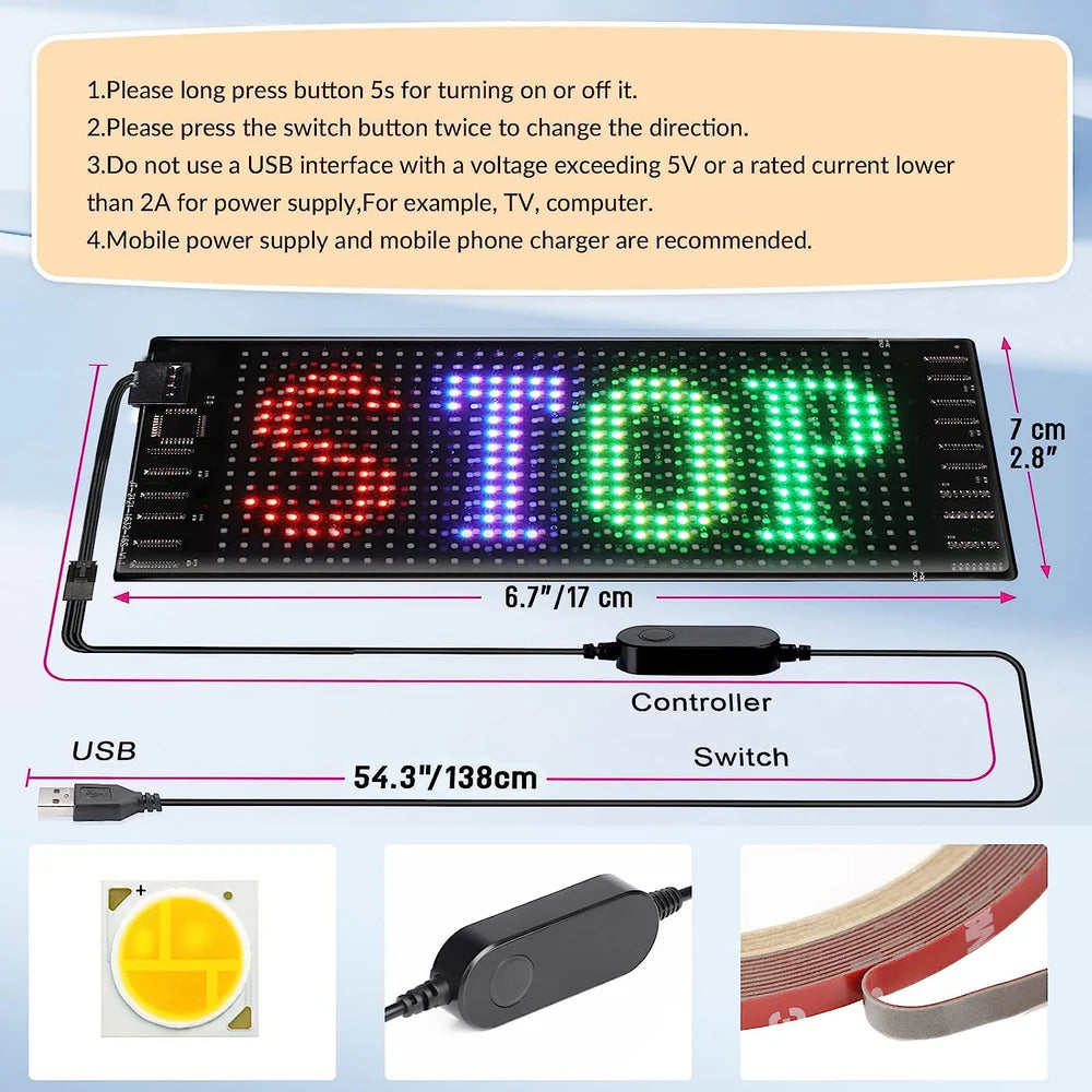 Model 1632 Flexible USB 5V Car LED Sign Bluetooth App Control Display Screen Text Pattern Animation LED sign display for Car Windows, Shop, Bar and Entrance Sign