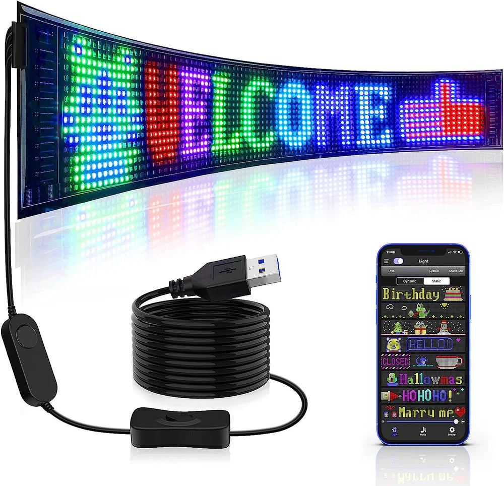 Model 1696 Flexible USB 5V Car LED Sign Bluetooth App Control Display Screen Text Pattern Animation LED sign display for Car Windows, Shop, Bar and Entrance Sign