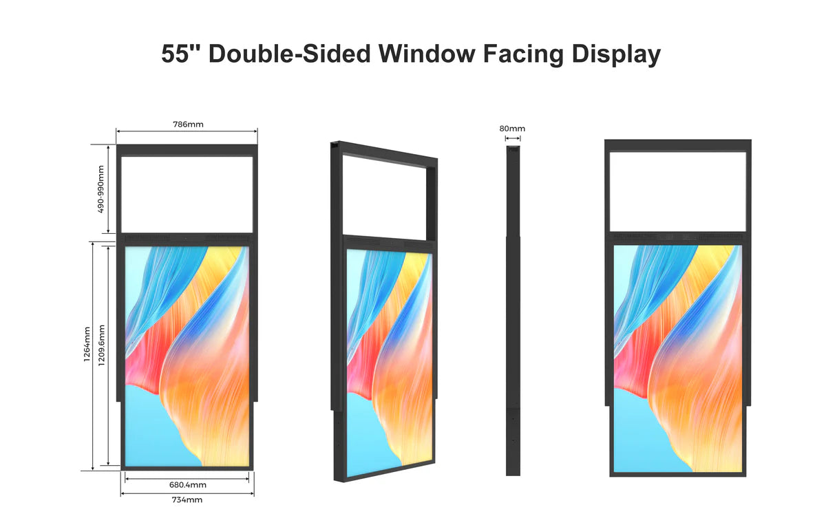 55" Double-Sided High Bright LCD Window Display, 2500nits Front + 700nits Back, Android 2+32G, Non-Touch, Cloud/APP/USB, Hanging/Floor Stand