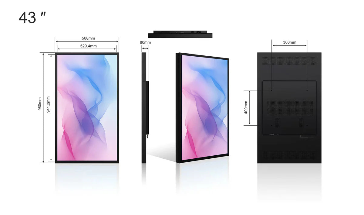 43" Single-Sided 2500nits High Bright Window LCD Digital Signage, Android RK3568 2G+32G, Non-Touch, Cloud/APP/USB, Wall-Mount/Floor Stand/Suspended Installation