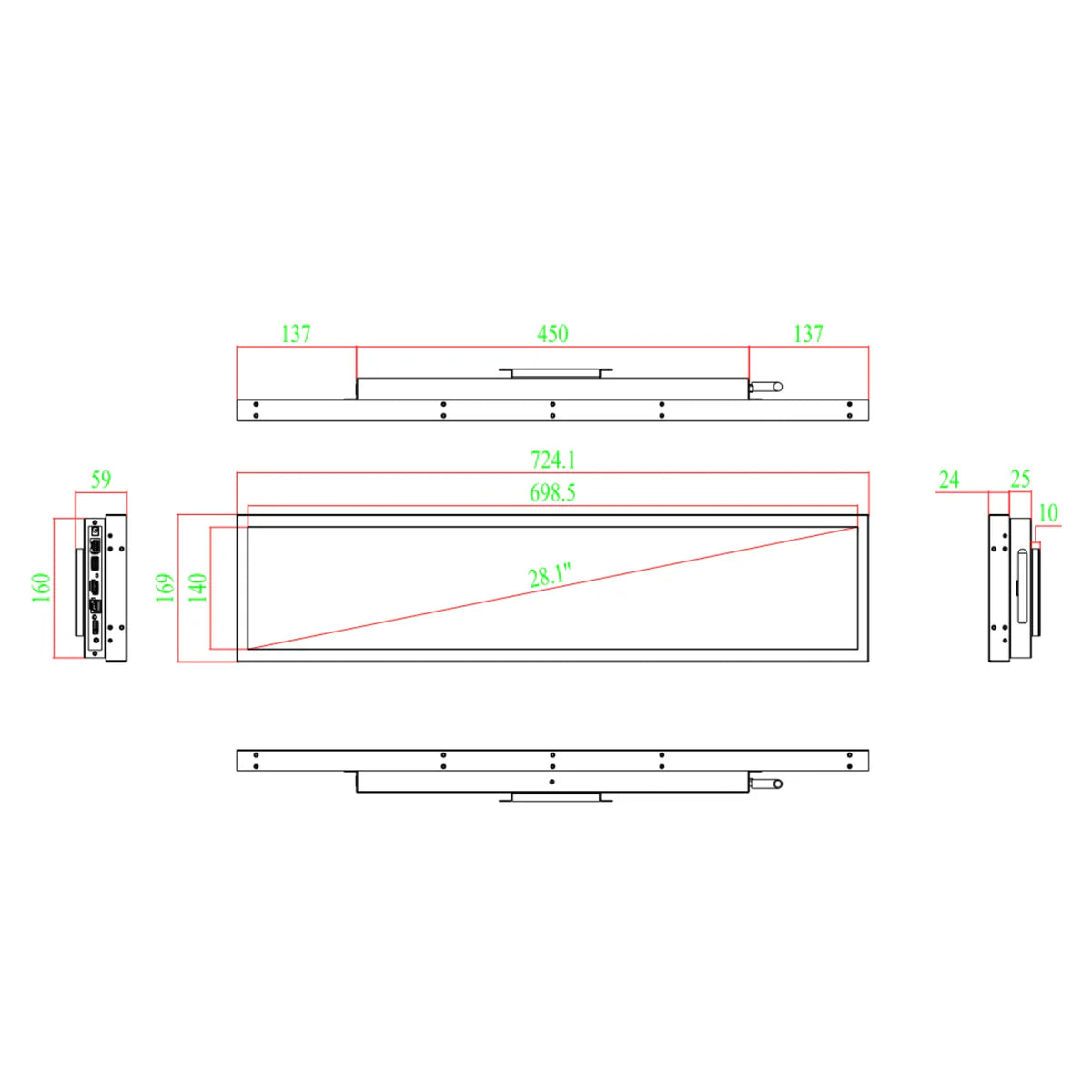 28.1 Inch (698.5×140mm  Viewable) Android Stretched LCD Bar Display for Store Shelves | Cloud Platform / Mobile App / USB Media