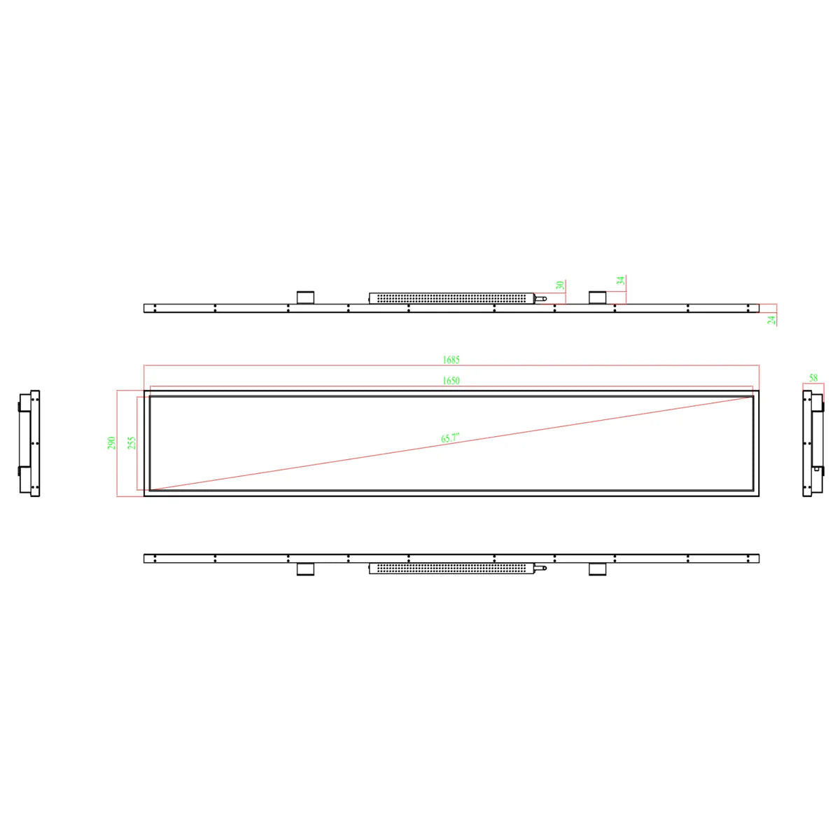 65.7 Inch (1650×255.2mm Viewable) Commercial Stretched LCD Bar Display | Ultra-Wide Android Shelf Screen | Cloud / USB / Mobile Playback
