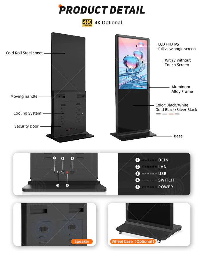 50‘’ Indoor Single-Sided Floor-Standing LCD Digital Poster with Wheel Stand | Android RK3568 2GB+16GB | Non-Touch / Infrared / Capacitive Touch | CMS Preinstalled