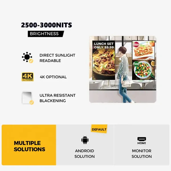 75" Single-Sided 2500nits High Bright LCD Window Display Advertising Monitor, Android RK3568 2G+32G, Non-Touch, Cloud/APP/USB, Wall-Mount/Floor Stand/Suspended Installation