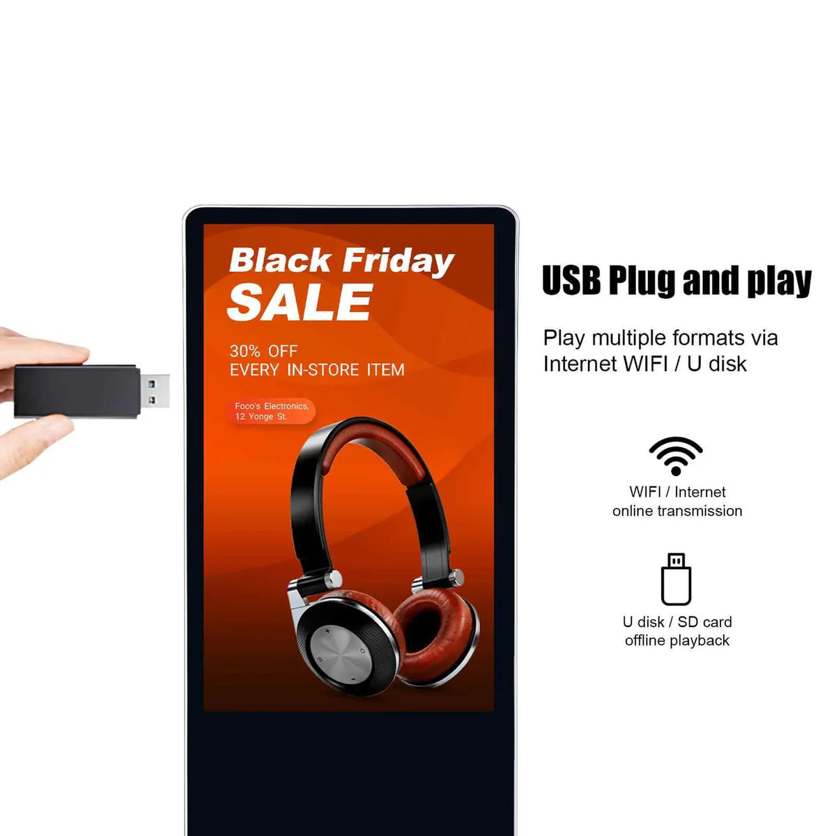 65‘’ Single-Sided Indoor Floor Stand LCD Digital Poster with Wheel Base | | Android RK3568 2GB+16GB | Non-Touch / Infrared / Capacitive Touch | CMS Preinstalled