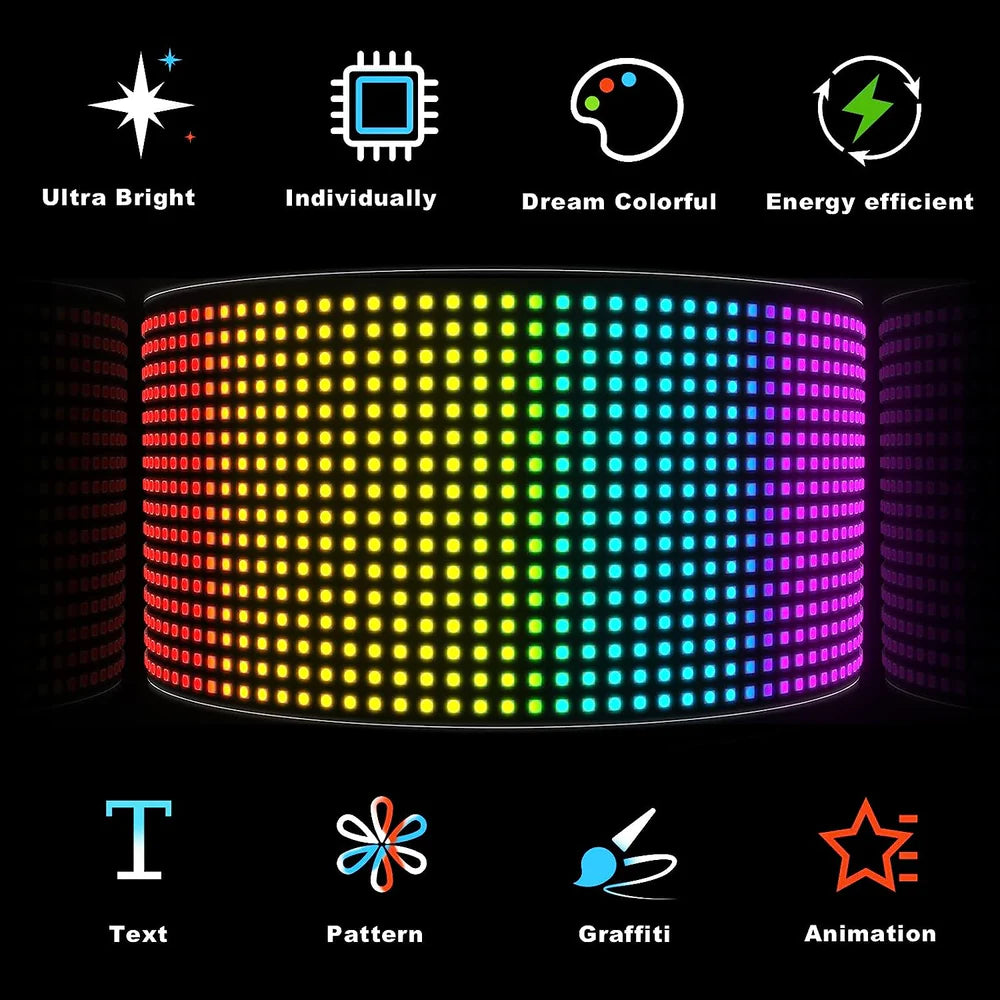 Model 1696 Flexible USB 5V Car LED Sign Bluetooth App Control Display Screen Text Pattern Animation LED sign display for Car Windows, Shop, Bar and Entrance Sign