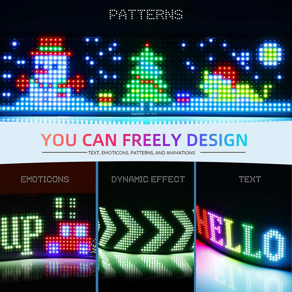 Model 1632 Flexible USB 5V Car LED Sign Bluetooth App Control Display Screen Text Pattern Animation LED sign display for Car Windows, Shop, Bar and Entrance Sign